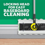 Swiffer mop head cleaning along a baseboard with text about locking head for easy baseboard cleaning and arrow icon