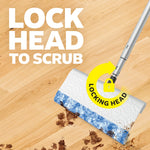 Swiffer mop head with blue scrubbing strip on a wood floor and graphic text reading ‘Lock head to scrub’