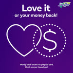 Purple graphic with 'Love it or your money back!' text and heart and dollar icon plus small Swiffer logo in corner
