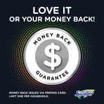 Promotional money-back guarantee graphic with a circular dollar icon and small Swiffer logo on a dark dotted background.