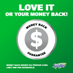 Green money-back guarantee graphic with large dollar coin icon and Swiffer logo, plus small printed guarantee terms