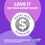 Graphic with a large money-back guarantee seal and Swiffer logo on a purple background stating love it or your money back.