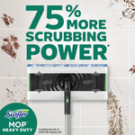 Graphic showing Swiffer mop head on tiled floor with bold text claiming 75% more scrubbing power and dirt marks