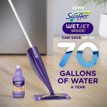 Swiffer mop in use on a hardwood floor with a small purple WetJet Wood refill bottle and text about saving water