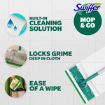 Informational graphic showing cleaning benefits: built-in cleaning solution, locks grime, and ease of disposal with Swiffer Mop & Go branding.