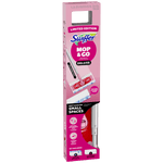 Angled view of pink Swiffer Mop & Go Deluxe packaging showing branding, mop illustration and product window