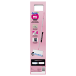 Rear panel of pink Swiffer Mop & Go Deluxe box showing product uses, easy-store illustrations and mop image