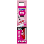 Tall pink Swiffer Mop & Go Deluxe retail box front with product image, limited edition badge, and visible mop handle window