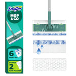 Swiffer Mop & Go device and three cloth types shown with packaging strip and water droplet graphic on white background.