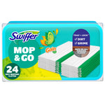 Single Swiffer Mop & Go Gain wet mopping cloth package with 24 wet mopping cloths label and trap-and-lock badge