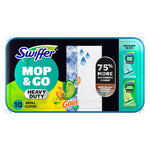 Rectangular pack of Swiffer Mop & Go heavy duty wet refill cloths with Gain branding and visible blue scrubbing strip