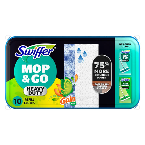 Rectangular pack of Swiffer Mop & Go heavy duty wet refill cloths with Gain branding and visible blue scrubbing strip