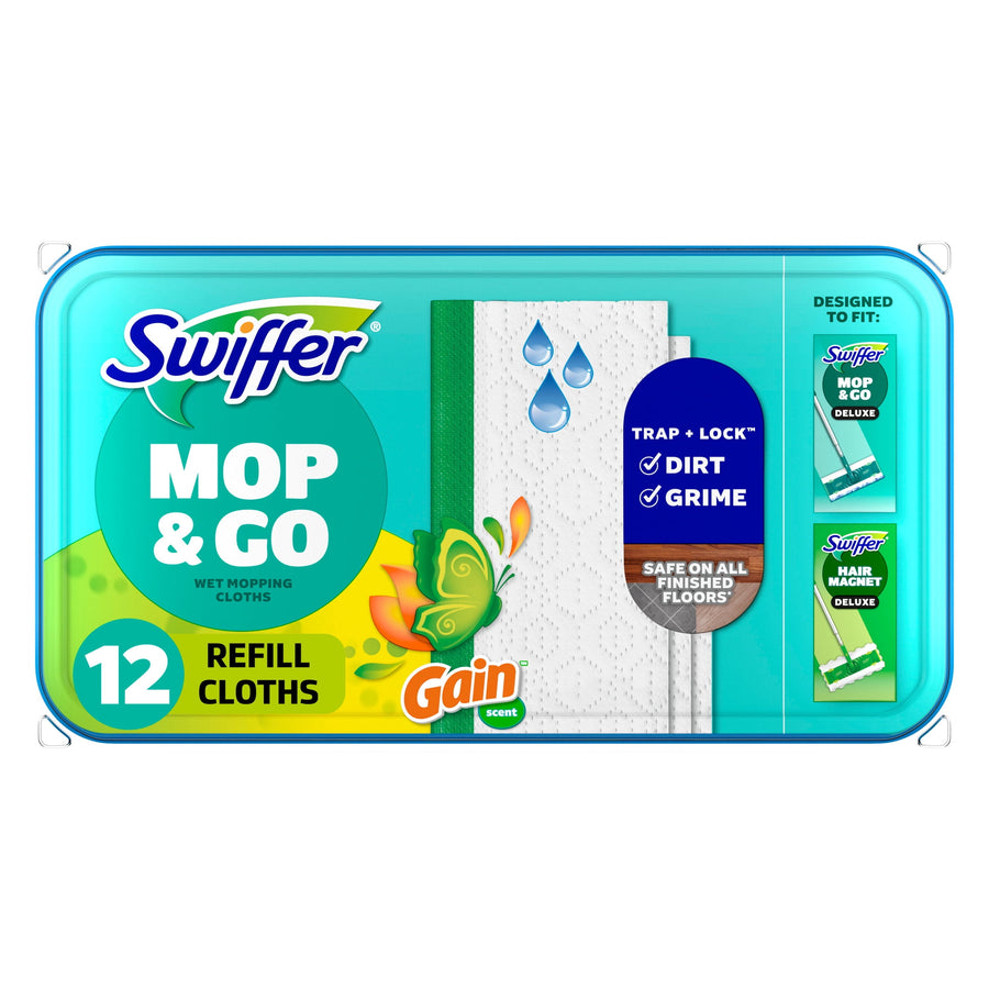 Packaged Swiffer Mop & Go wet refill cloths in Gain scent with product branding and graphics on a teal rectangular pack.