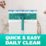 Top-down view of Swiffer Mop & Go head mopping a tiled wall with dirty splatters and bold “Quick & Easy Daily Clean” banner.