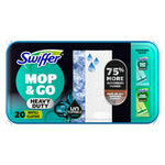 Swiffer Mop & Go heavy duty refill pack with Unstopables branding and visible textured wet cloths in turquoise packaging