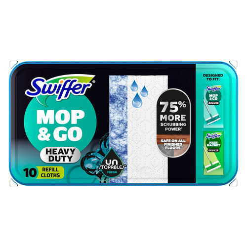 Swiffer Mop & Go Heavy Duty refill cloths package showing product name, scrub strip graphic and 75% more scrubbing power callout