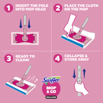 Illustrated four-step pink instruction panel showing how to insert pole, place cloth, clean, and collapse the Swiffer mop