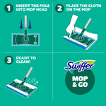 Step-by-step instructional graphic showing how to insert the pole, place the cloth on the mop, and ready-to-clean visuals for Mop & Go.