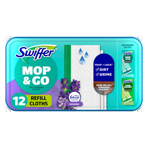 Rectangular teal and purple Swiffer Mop & Go refill cloths package showing lavender imagery and a 12-count label