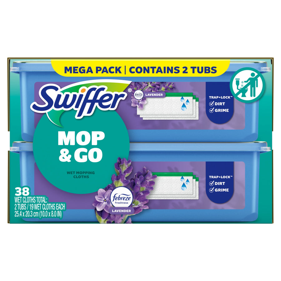 Retail box showing two blue Swiffer Mop & Go tubs with lavender graphics and 'Mop & Go' branding