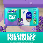 Decorative package-focused image of Swiffer Mop & Go lavender refill tub with lavender flowers and text promoting freshness for hours.