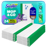 Close-up product shot of Swiffer Mop & Go lavender refill cloths with stacked white cloths and green trim beside the package.