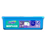 Side-profile product image of a blue Swiffer Mop & Go lavender wet cloths tub showing brand logo, lavender imagery and the 24-count label.