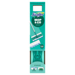 Tall product packaging box for Swiffer Mop & Go showing partial device window, logo, and mop pad illustrations on teal box.