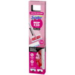 Pink Swiffer Mop & Go Deluxe retail packaging shown upright with branding, product features and partial mop visible