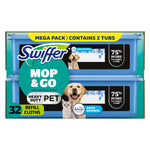 Packaged Swiffer Mop & Go refill tubs with pet branding and Febreze odor defense on retail box