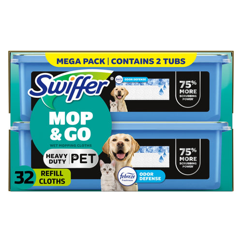 Packaged Swiffer Mop & Go refill tubs with pet branding and Febreze odor defense on retail box