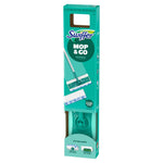 Full view of Swiffer Mop & Go retail box with handle cutout, product imagery and visible mop head through window on teal packaging.