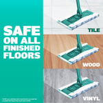 Graphic showing Swiffer Mop & Go head used on tile, wood and vinyl panels with text stating safe on all finished floors.