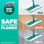 Swiffer Mop & Go branding panel showing three mop head images on tile, wood and vinyl with text 'Safe on All Finished Floors'.
