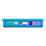 Side profile shot of a teal Swiffer Mop & Go plastic tub showing product label, lavender accent, and 12-count marking