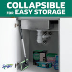 Swiffer mop and accessory products stored under a sink, showing mop head and refill boxes inside cabinet