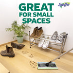 Lifestyle graphic of a Swiffer mop cleaning muddy shoe prints on a hardwood floor with text great for small spaces