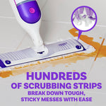 Swiffer Power Mop in use on tiled floor cleaning an orange spill; close-up inset highlights mop's scrubbing strips.