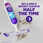 Swiffer Power Mop device cleaning a tiled floor with bold text claiming get a mop & bucket clean in half the time