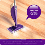Purple Swiffer mop head on a wood floor with a speech bubble stating “Safe on wood floors”