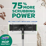 Top-down view of a Swiffer mop head scrubbing dirty tile with large text claiming 75% more scrubbing power