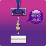 Top-down view of a Swiffer mop head, solution bottle and a WetJet Wood pad arranged vertically with a purple callout recommending use together