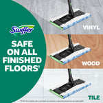 Swiffer mop head uses a blue scrubbing strip shown on vinyl, wood and tile surfaces with copy reading safe on all finished floors