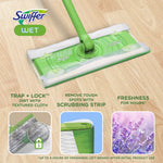 Green Swiffer mop head on wood floor with wet cloth attached and three feature icons below describing trap, scrub and freshness