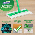 Swiffer mop head with a heavy duty dry cloth attached on a hardwood floor and icons highlighting Unstopables scent and ultrathick pad