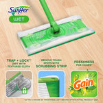 Green Swiffer mop head fitted with a wet cloth, shown cleaning a wood floor with product name and small icons.