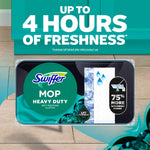 Promotional graphic showing Swiffer Mop Heavy Duty package and headline claiming up to 4 hours of freshness over a tiled floor background