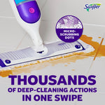 Photo of a Swiffer Power Mop in use on tile with a circular inset highlighting micro-scrubbing dots and headline text about deep-cleaning actions