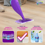 Purple Swiffer mop head on a hardwood floor with icons highlighting variety of scents and cleaning benefits