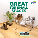 Lifestyle image of a Swiffer mop in a small entryway with muddy shoe prints on the floor and headline reading great for small spaces